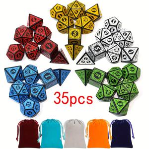 TEMU 5세트 레트로 다면체 주사위 세트 35개, 5개의 끈 가방 포함, 드래곤 및 던전, RPG, MTG 테이블탑 게임에 적합