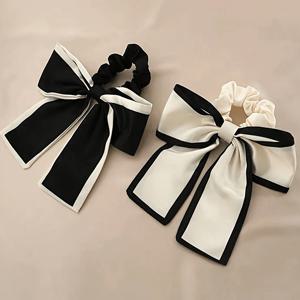 TEMU Set of 2 Women's Black and Beige Korean-Style Satin Bowknot Hair Scrunchies: Fresh, Elegant, and Vintage Hair Accessories for Daily Use