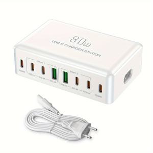 TEMU 8포트가 있는 80W USB-C 고속 충전기 - 충전 허브, 벽면 충전기, 전원 스트립 어댑터, iPhone, iPad, Samsung Galaxy 시리즈 및 기타 기기용 6개의 USB-C & 2개의 USB-A 포트|멀티탭