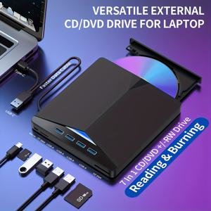 TEMU 노트북용 외장 CD/DVD 드라이브, 7 In 1 USB 3.0 DVD 플레이어 휴대용 CD/DVD 라이터, 노트북 호환용 외장 DVD 드라이브 데스크톱 PC Windows 11/10/8/7 Linux Mac OS와 호환 가능 (블랙)|CD플레이어