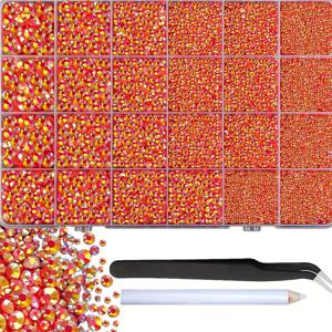 TEMU 16500개 핫픽스 반짝이는 레진 라인스톤과 집게 - 다양한 색상 (오렌지, 복숭아, 코랄, 골든, 레드, 핑크, 누드) 2-6mm 부드러운 스톤, DIY 공예 및 패브릭, 텀블러 등에 사용 - 펜, 의류용 접착 보석, 은색, 물병 등 포함