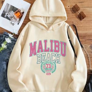 TEMU MALIBU BEACH 글자 프린트 어린이 패션 후드 스웨트셔츠, 캐주얼 스타일 통기성 유행 풀오버 후디 휴일 여가 시간