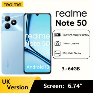 TEMU Realme Note 50 4G 스마트폰 - 울트라 씬, 90Hz 디스플레이, 13MP AI 카메라, 64GB 저장 용량, 4890mAh 배터리, 지문 센서, USB-C 충전, 무선 지원 [GSM 전용]