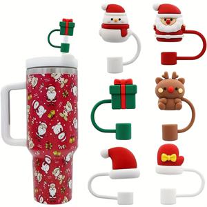 TEMU Christmas Silicone Straw Toppers Set of 6, Reusable Dustproof Straw Caps with Santa, Reindeer, Gift Box Designs, Festive Silicone Straw Covers for Party Drinks and Holiday Cup Decorations