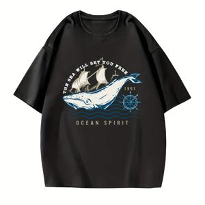 TEMU OCEAN SPIRIT 고래 프린트 남아용 티셔츠, 아동 캐주얼 반팔 통기성 편안한 여름 야외 탑