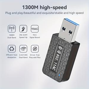 TEMU USB Wi-Fi 어댑터 1300Mbps 듀얼 밴드 2.4G/5.8GHz 무선 네트워크 카드, 802.11ax 프로토콜 지원, 효율적인 방열, 암호화 보안, 드라이버 프리, 데스크탑 노트북 PC용, Windows 7/8.1/10/11 호환|와이파이증폭기