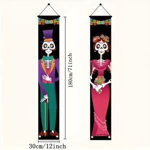 TEMU 1쌍, Day Of The Dead 현관 표지문 문배너 (12inX71in/30cm*180cm), 할로윈 배너 표지문, 프론트 현관 문 장식 표지문, 현관 장식, 야외 장식, 할로윈 의상 멕시코 Dia De Los Muertos 장식