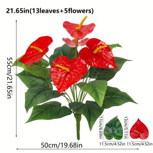 TEMU 화려한 빨간색 안스리움 식물 - 축제 장식용: 13개 잎 + 5개 꽃, 크리스마스, 추수감사절, 데이, 졸업식, 노동절에 적합, 탁상 장식에 완벽 - 꽃병 포함되지 않음