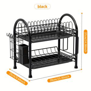 TEMU 공간 절약형 2단 식기 건조대, 배수 트레이 및 후크 포함 - 접시, 식기, 액세서리용 다기능 주방 정리대