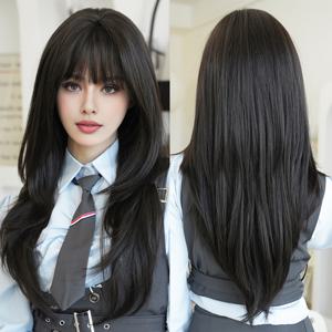 TEMU 7JHH WIGS 우아한 긴 블랙 하이 덴시티 위그 여성용 앞머리, 여성용 150% 밀도 합성 머리, 내열 섬유, 범용 로즈 넷 캡, 일상 및 파티 사용에 적합합니다.