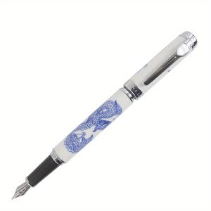 TEMU Jinhao 950 파란색과 흰색 도자기 시리즈 세라믹/중국어 회화 만년필 Medium Nib 18KGP - Dragon & Lotus & Shrimp