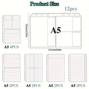 TEMU 12개 A5 바인더 포켓, A5 사이즈 바인더 삽입 파우치, A5 바인더 6링 지퍼백, 파일 폴더 A5 메모장 6링용 액세서리 노트북 바인더, 바인더 백, 파일 서류 가방