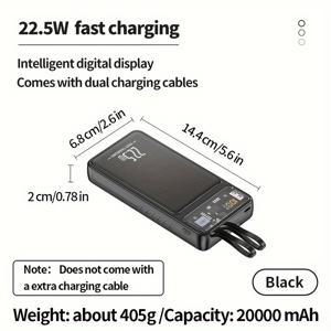 TEMU 10000mAh/20000mAh 휴대용 전원 은행, LED 디지털 디스플레이 화면, 22.5W 고속 충전기, Samsung Xiaomi IPhone6/7/8/10/11/12mini/13/14/15promax+X/XS/XR/Pro Max/pro에 적용 가능 다기능 케이블 내장 라인 유형 C 라인 장착.|보조배터리|보조배터리20000