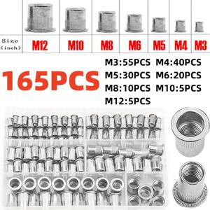 TEMU 165개 알루미늄 리벳 너트 키트 - M3부터 M12까지 다양한 사이즈, 자동차 및 가구용 플랫 헤드 스레드 인서트 - 내구성 있고 방청 처리