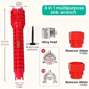 TEMU 8-in-1 다기능 싱크 렌치 배관 도구 가정용, 조절 가능한 수도꼭지 및 싱크 설치, 파이프 튜빙 욕실 설치, 합금 헤드 및 끊어진 와이어 추출기가 있는 제거 수리 렌치