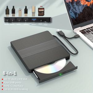 TEMU 8-in-1 휴대용 외장 DVD 드라이브, USB 3.0 및 Type-C CD/VCD/DVD 버너 및 리더, 노트북 PC Mac용 슬림 광학 디스크 드라이브, Windows/Linux/Mac OS와 호환, SD/TF 카드 리더, 4개의 USB 포트|CD플레이어