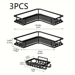 TEMU 3PCS 코너 스티커 샤워 바스켓: 2/3 피스 샤워 랙 비누 접시, 녹 방지 스테인리스 스틸 욕실 정리함, 드릴 없는 벽걸이 선반, 블랙 마감