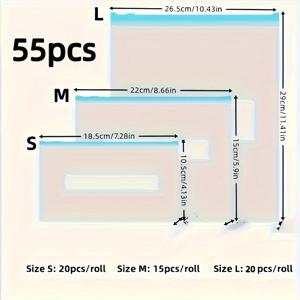 TEMU 55개 팩 재사용 가능한 지퍼 밀봉 식품 보관 백 - 냉장고 사용을 위한 플라스틱 신선도 보존 파우치, 식품 접촉에 안전, 고기, 농산물, 간식 및 여행 구성에 이상적|김치냉장고|야채탈수기