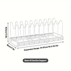 TEMU VEHHE 스테인레스 스틸 냄비 뚜껑 정리함, 확장형 슬라이딩 선반, 10 슬롯 주방 캐비닛 조리기구 선반, 냄비와 팬 뚜껑을 위한 공간 절약 카운터 보관 솔루션, 다용도 홀더입니다.