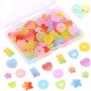 TEMU 70 Pcs 혼합 사탕 매력 소프트 젤리 설탕 수지 플랫 백 비즈 펜던트 미니 모듬 젤리 버튼 하트 스타 캔디 베어 도넛 모양의 매력 상자 DIY 공예 전화 케이스 네일 아트|DIY