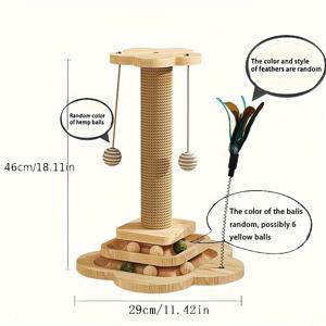TEMU 재미를 위한 회전 가능한 베이스와 스프링 티저 깃털이 있는 천연목 수직 고양이 긁는 게시물, 시살 로프 고양이 스크래처 장난감