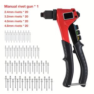TEMU 질긴 듀얼 핸들 수동 리벳건 세트, 80개의 리벳과 4개의 교환 가능한 리벳 헤드(2.4/3.2/4.0/4.8mm)가 있는 4-in-1 리벳 설치 도구, 가정 수리 및 DIY용으로 적합한 전문 핸드 리베터, 플라스틱, 금속, 가죽에 적합