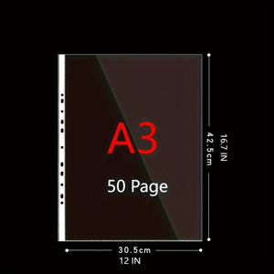 TEMU 50개 B5, A3 투명 플라스틱 6층 두꺼운 파일 가방 11구 보호용 접착성 플라스틱 케이스 3구 바인더 PP 표준 플라스틱 페이지 보호대 가정, 사무실 및 학교에 적합