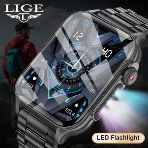 LIGE 남성용 스마트 워치 LED 손전등, 야외 스포츠 스마트워치, 심박수 알람 기능, 건강 팔찌, 1.96 인치 HD 화면, 2024 신제품