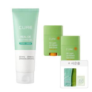 김정문알로에 큐어 에어라이트 UV 쉴드 선스틱, 20g, 2개 + 수딩젤, 150ml, 1개 + 증정(안티에이징 크림S 파우치, 2ml, 1개+ 큐어 알로에 슬라이스 젤리 마스크, 1매)