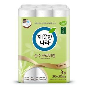 깨) 3겹 데코 순수 프리미엄 화장지 30m 30롤 1팩