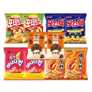 농심 포스틱 84g, 2개 + 새우깡 90g, 2개 + 빵부장  초코빵 55g, 2개 + 딸기바나나킥 60g, 2개 + 포테토칩 오리지널 60g, 2개