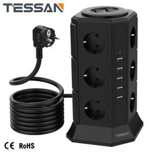 TESSAN 수직 타워 전원 스트립 서지 보호기 AC 콘센트 포함 USB 2M 연장 코드 유럽 플러그 멀티 탭 전기 소