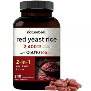 NatureBell 적효모 쌀 2,400mg, CoQ10 100mg | 식물성 캡슐 240개(캡슐 당 1,200mg) - 최대 강도 허브 보충