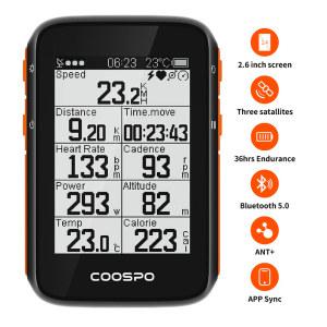 COOSPO BC200 무선 자전거 컴퓨터 GPS 속도계, 사이클링 주행 거리계, 블루투스 5.0, ANT + 앱 동기화 경사 고도, 2.6 인치