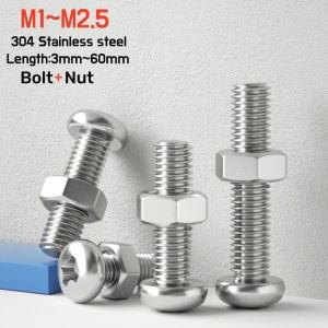 미니 라운드 헤드 볼트 너트 조합 304 스테인레스 스틸 팬 나사 육각 세트 M1 2 4 6 M2