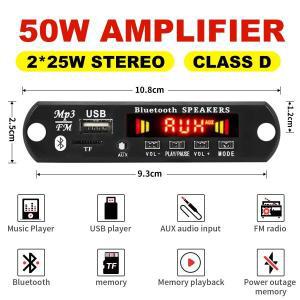 플레이어 FM 디코더 2*25W 18V 라디오 앰프, AUX 모듈 보드, 블루투스 MP3 USB 지지대 차량용 5.0, 50W TF