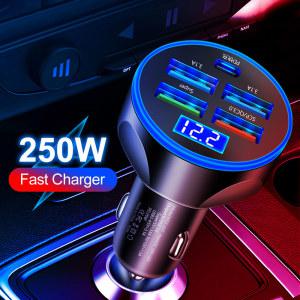 250W 5 in 1 USB 차량용 충전기, C타입 PD 12V 시가 잭 고속 충전 어댑터, 아이폰 12 프로 맥스 14 플러스 13 화웨이 원플러스용