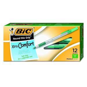 빅 BIC Round Stic Grip 엑스트라 컴포트 볼펜, 미디엄 포인트 (1.2mm), 그린, 12개, 8개 팩