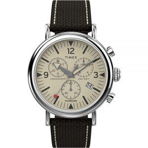 Timex 남성용 크로노그래프 41mm 시계 브라운 크림 실버 톤 표준 크로노 가죽 콤보 스트랩