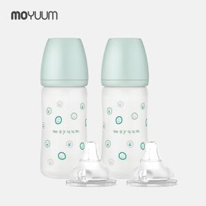 [모윰] 실리콘 코팅 노꼭지 유리 젖병 240ml 2팩 해피모어 에디션 + 젖꼭지(2ea)