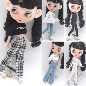 Blyth 옷 Azone OB22 OB24 인형 액세서리 패션 짧은 T 검정 흰색 청바지 격자 무늬 바지 장난감 선물