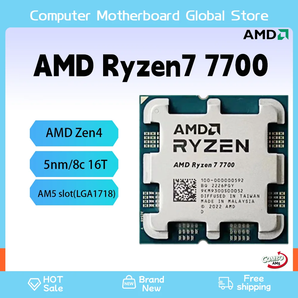 AMD Ryzen 7 7700 Novo CPU 프로세서 R7 7700 브랜드 Am5 프로세서, 5NM L3 = 32M 65W TDP, DDR5 B650 m Aorus AX 와이파이 마더보드용