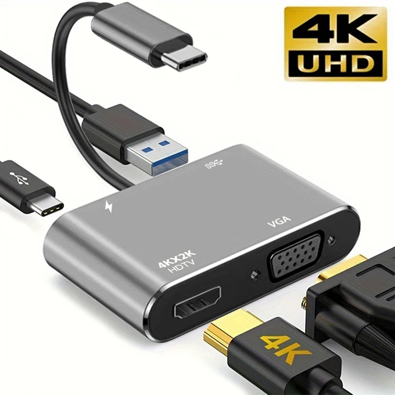 C 타입 어댑터 허브, HDTV VGA USB 3.0 디지털 AV 멀티포트 어댑터, TYPE-C PD 충전 포트 호환, 4 인 1