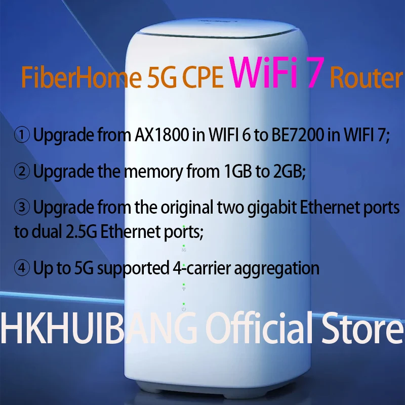 FiberHome 5G CPE 프로 LG6851F 와이파이 7 라우터 BE7200 듀얼 2.5G 이더넷 포트, NFC 4G LTE Cat19 무선 와이파이 5G SIM 모뎀, 4x4 MIMO