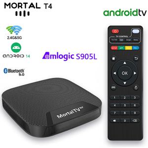 Mortal T4 안드로이드 14 4K HDR10 스마트 TV 박스 2.4G&5.8G 듀얼 와이파이 CPU Amlogic S905L 스트리밍 미디어 플레이어 블루투스 5.0 TV 박스