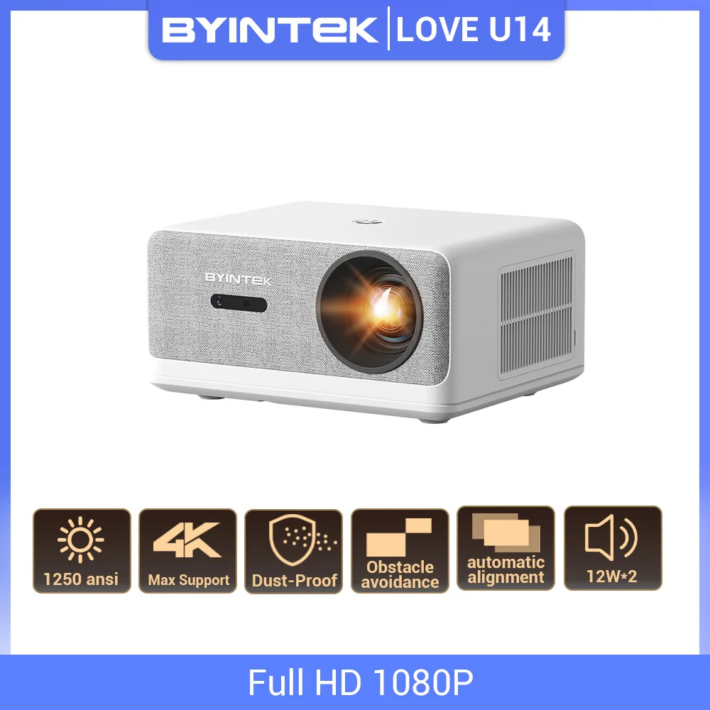 BYINTEK LOVE U14 풀 HD 1080P 프로젝터, 1250ANSI 자동 초점 홈 시어터 시네마 프로젝터, 4K 스마트 블루투스 와이파이 6 지원