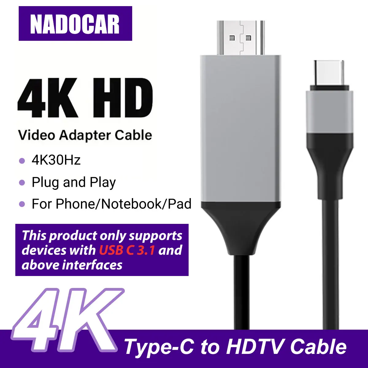 USB C-HDMI 케이블, ABS C타입-HDTV 어댑터, 맥북, 아이패드, 아이맥, 아이폰, 노트북과 호환, 4K30Hz, 2m, 78.74 인치, 6.56 피트