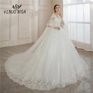 아이보리 Vestido De Noiva 2024 브이넥 신부 볼 가운, 긴 소매 웨딩 원피스 레이스 아플리케, 신부 빅 트레인 또는 플로어 플러스 사이즈