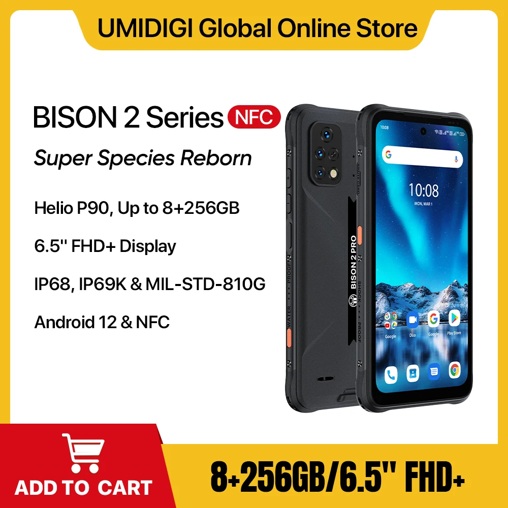 UMIDIGI Bison 2 시리즈 견고한 스마트폰, 안드로이드 12 NFC, 6GB, 8GB RAM, 128 GB, 256GB ROM, Helio P90, 6.5 인치 FHD + 48 MP 트리플 카메라, 6150mAh