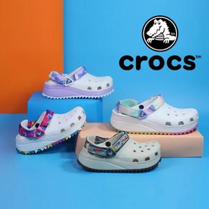 Crocs 클래식 높이 플랫폼 나막신, 컬러풀한 스트랩, 트렌디한 밑창, 클로즈토 슬립온, 야외 통기성 비치 슈즈